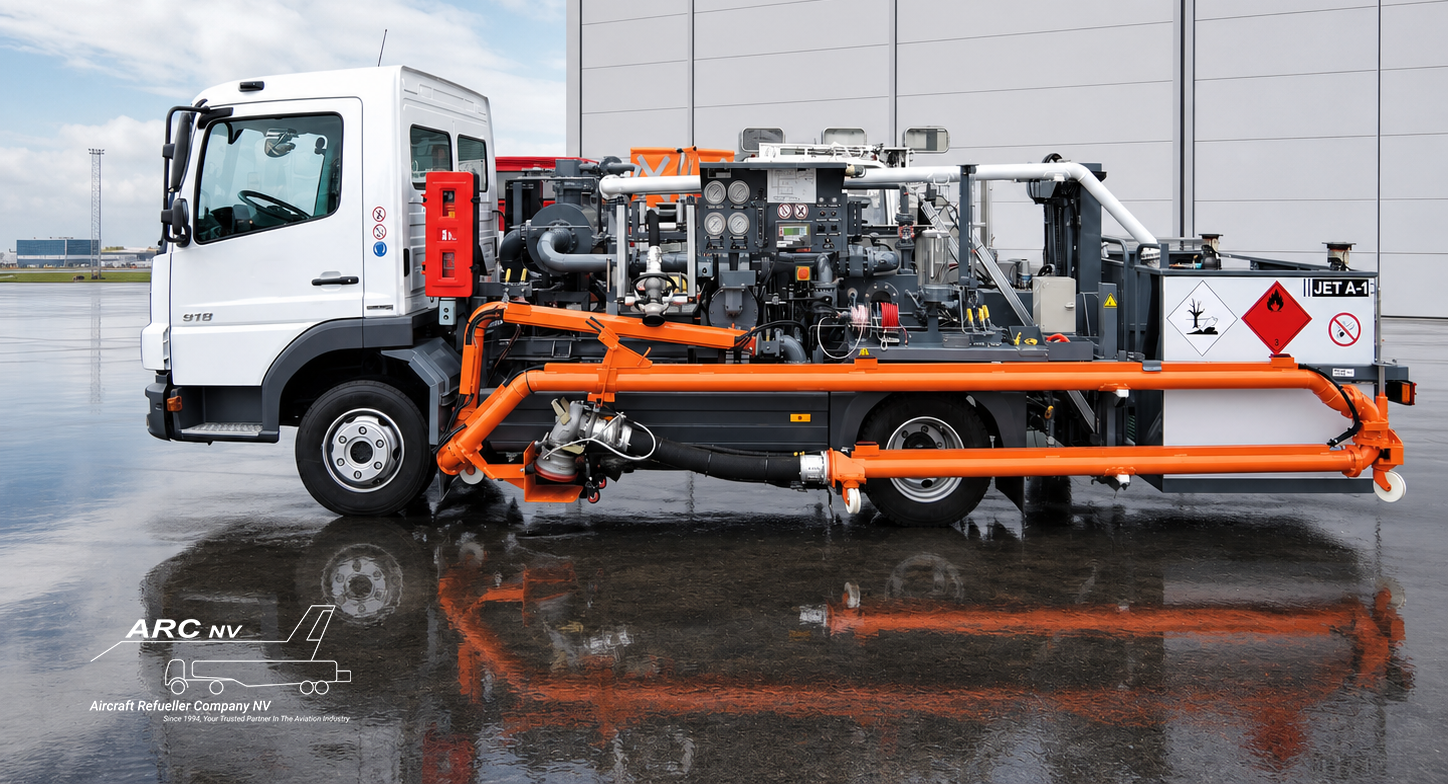 ARC NV aircraft hydrant dispenser in side profile, showing the open fuelling module, filtration and metering equipment, control panel, orange hoses and Jet A-1 markings on an airport apron.