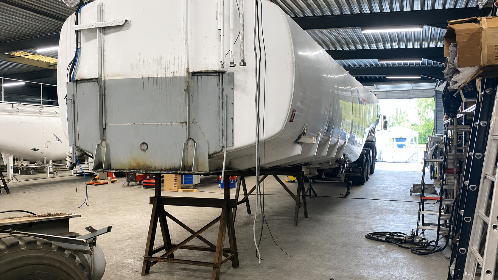 Aircraft refueller refurbishment with tank and superstructure undergoing workshop assessment at ARC NV