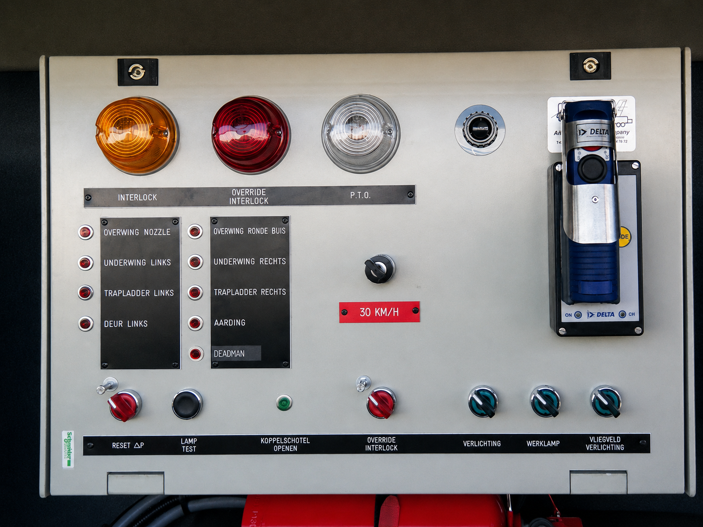 Aircraft refueller control panel showing interlock, override interlock and PTO indications