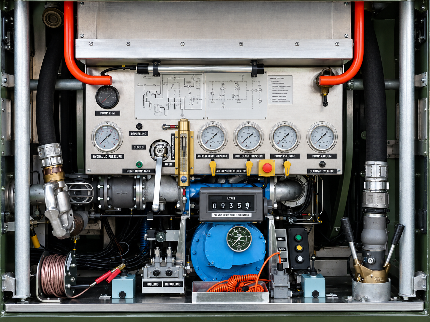 Military aircraft refueller control panel with metering and pressure-control equipment