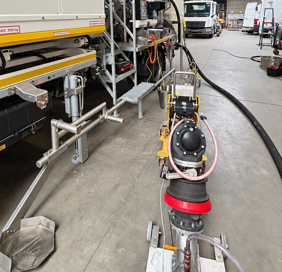 Aircraft fuelling equipment, hoses and a separate coupling assembly inside a workshop