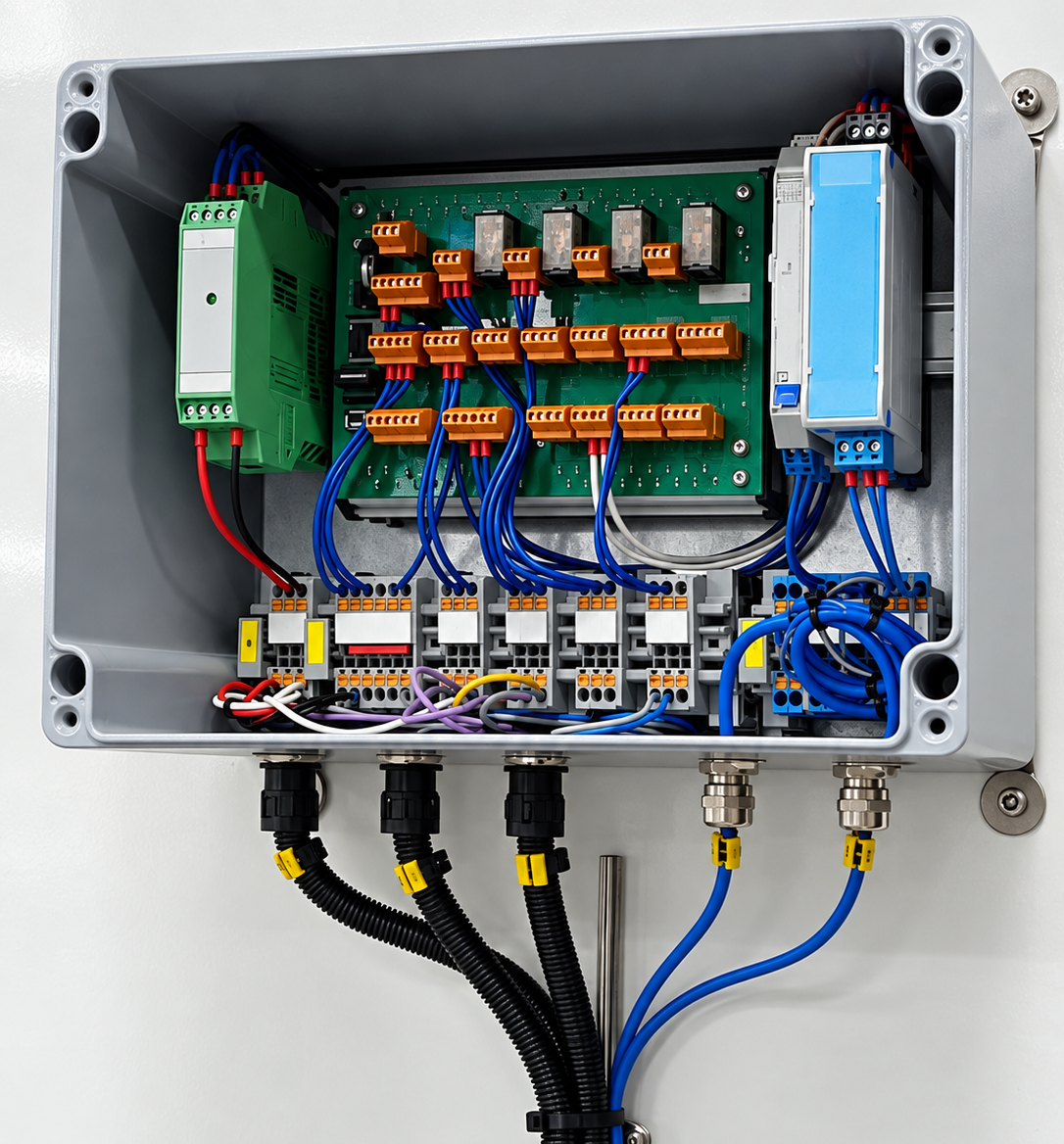 Open electrical control enclosure showing relays, terminals and wiring.