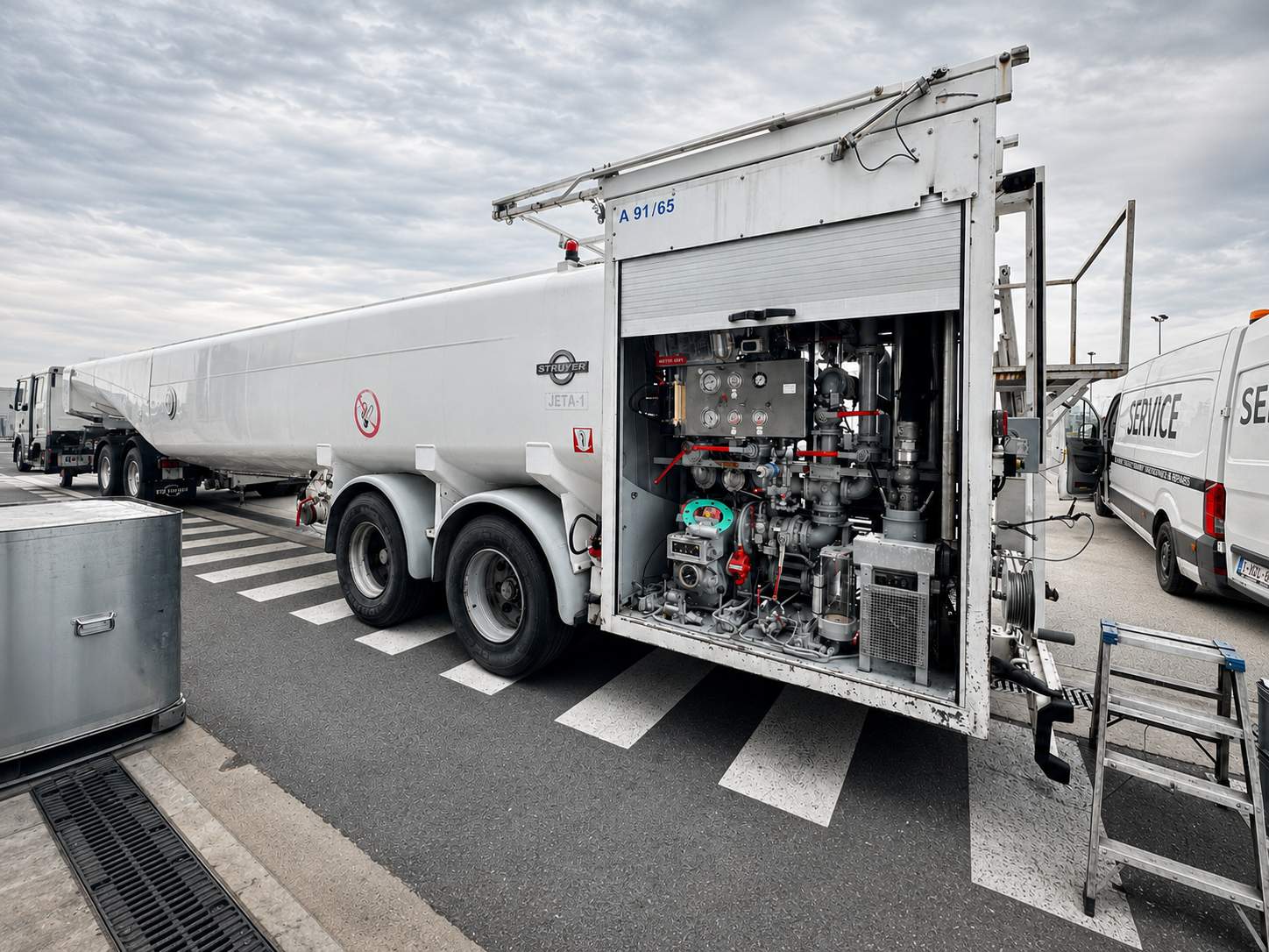 Aircraft refueller with an open rear equipment compartment beside a service van.
