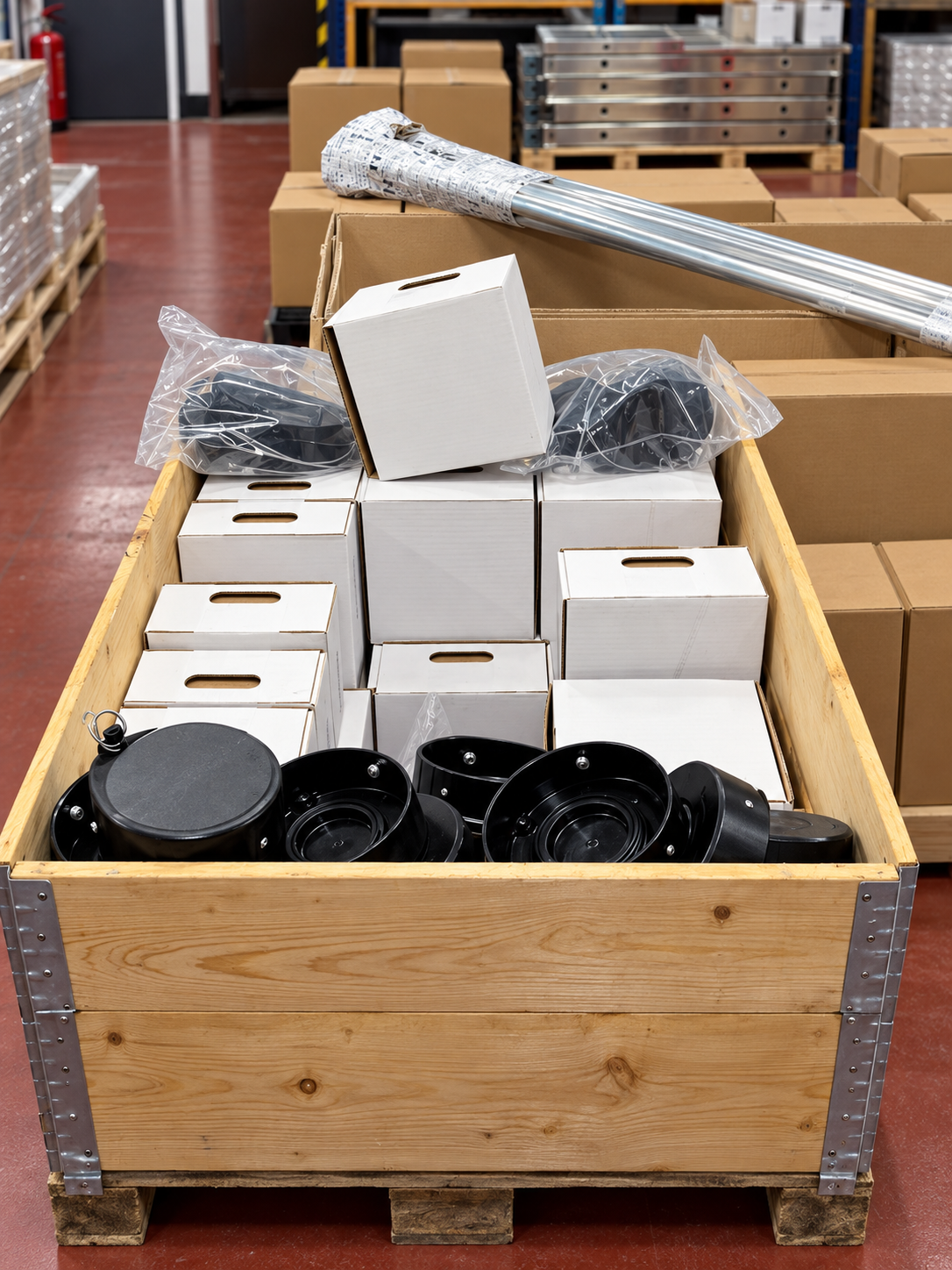 Packaged components and black fittings arranged in a wooden storage crate.